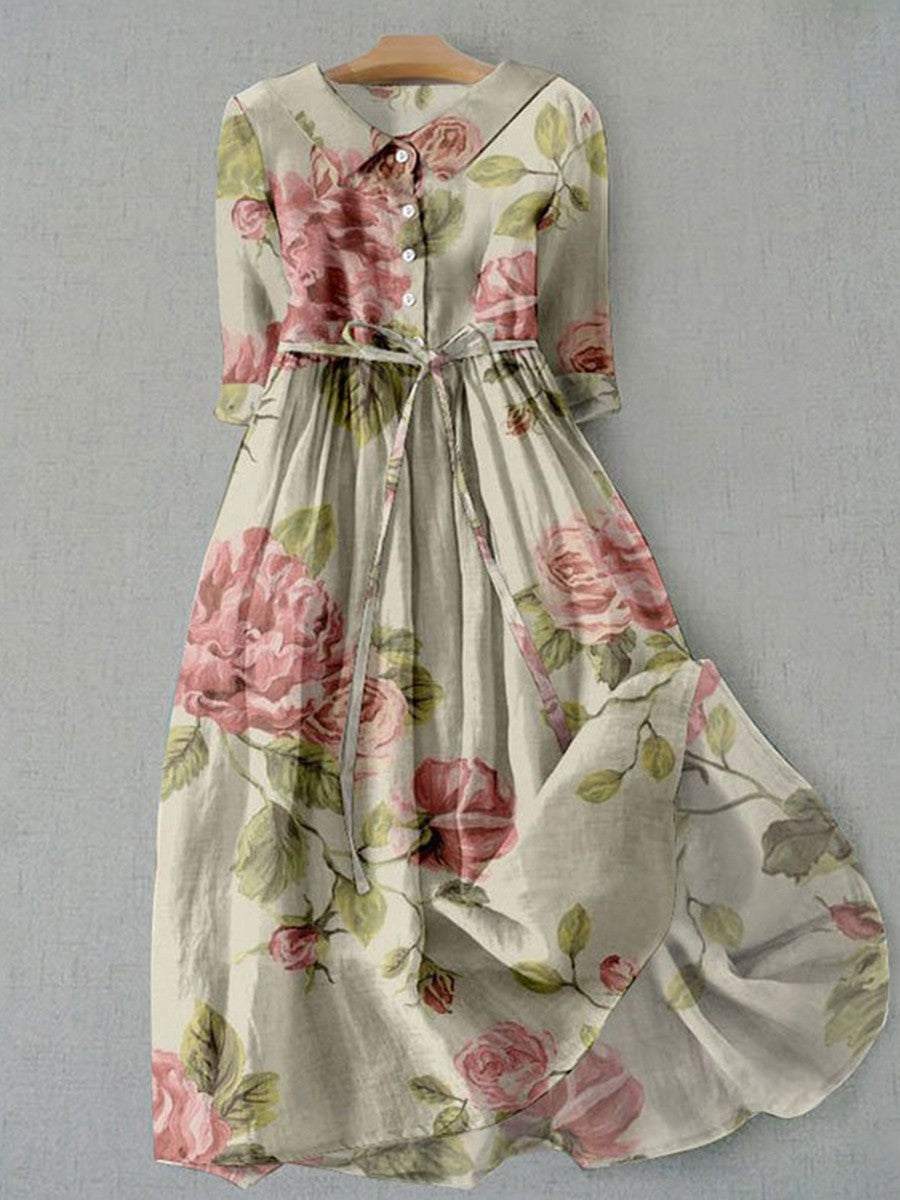 Women’s Midi Dress – Vintage Floral Print – Cotton Blend – A-Line – Belted Waist