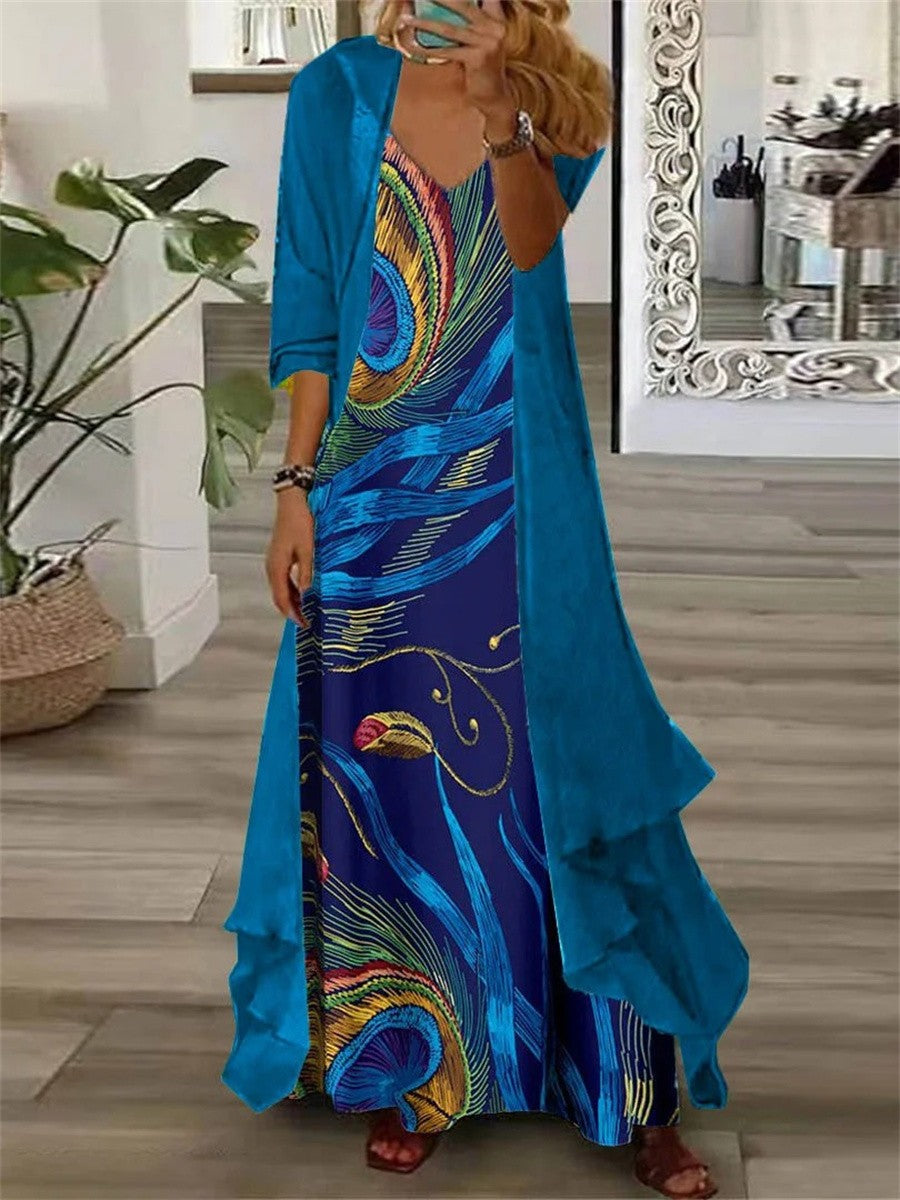 Women’s Maxi Dress – Two-Piece Set – Flowing Fit – V-Neck – Printed – Long Sleeve Layer