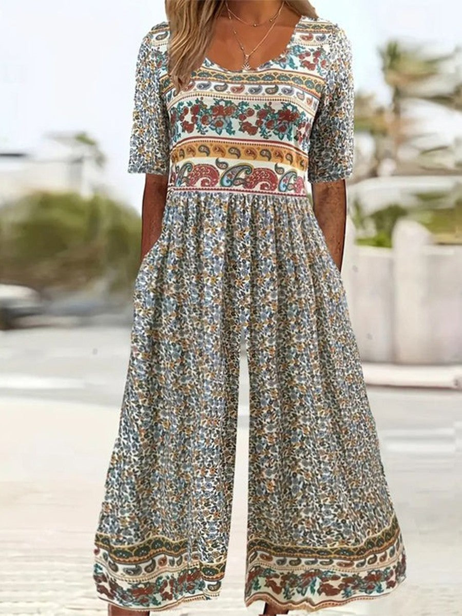 Women’s Jumpsuit – Loose Fit – V-Neck – Short Sleeve – Boho Print – Breathable Blend