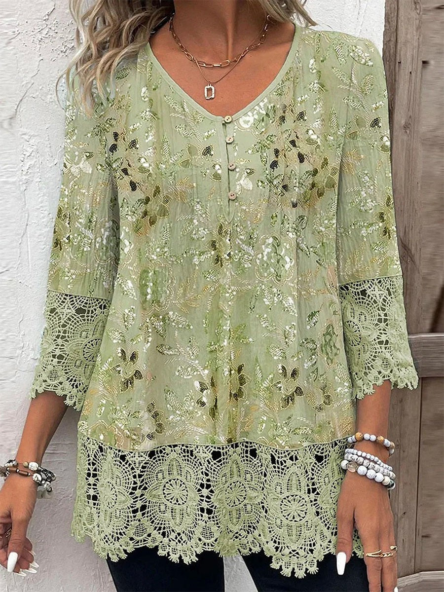 Women’s Lace Blouse – V-Neck – 3/4 Sleeve – Relaxed Fit – Floral Pattern – Elegant Trim