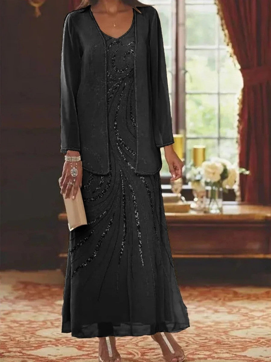Women’s Sheath Dress with Jacket – Embellished Silk Feel – Ankle Length Formal Set