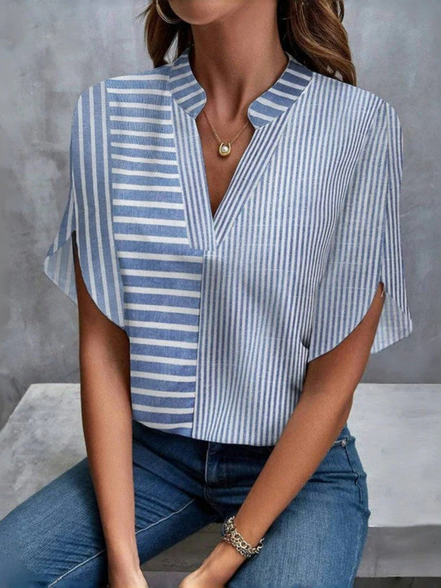 Women’s Blouse – Relaxed Fit – V-Neck – Half Sleeve – Striped – Breathable Blend