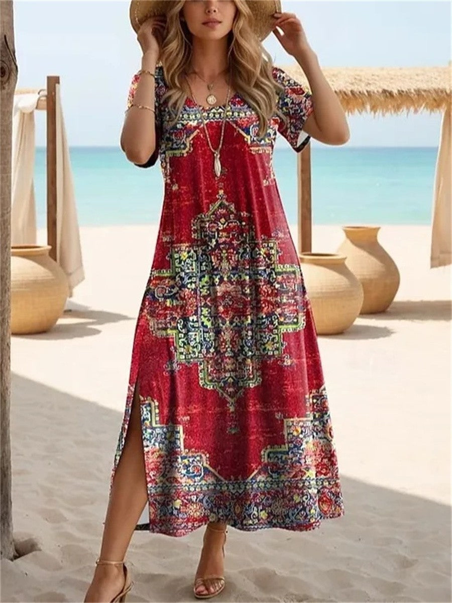 Women’s Midi Dress – Vintage Floral Print – Relaxed Fit – Breathable Blend – Short Sleeve