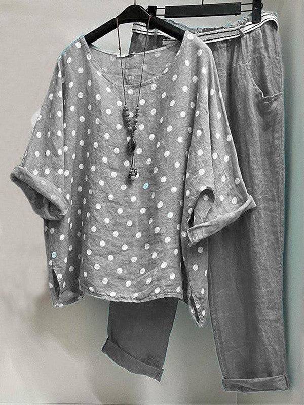 Women’s Two-Piece Set – Relaxed Fit – Polka Dot Top – Breathable Blend – Full-Length Pants