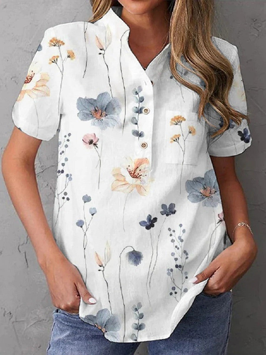 Women’s Blouse – Floral Print – V-Neck – Short Sleeve – Relaxed Fit – Breathable Blend