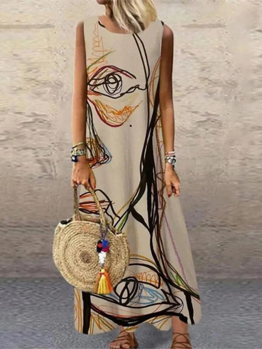 Women’s Sleeveless Dress – Abstract Print – Relaxed Fit – Full Length Natural Fibers
