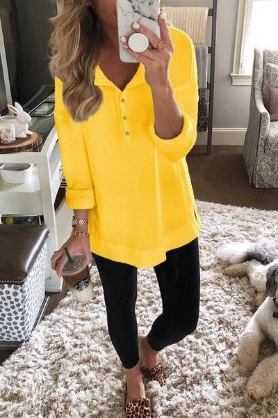 Women’s Long Sleeve T-Shirt – Relaxed Fit – Cotton Knit – Button Neckline – Ribbed Trim