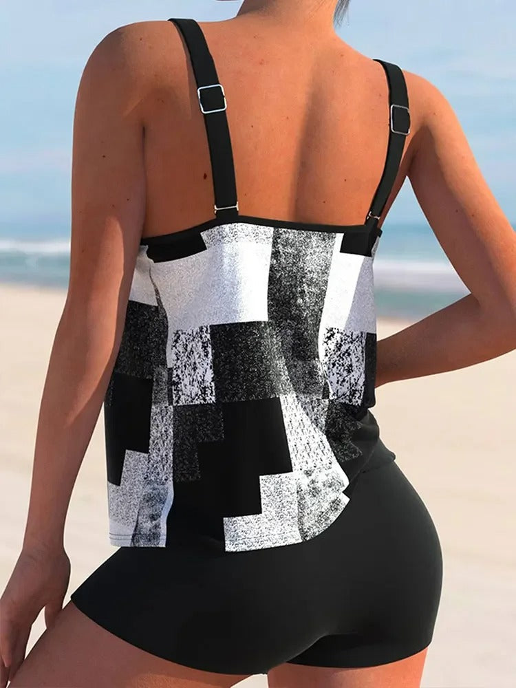 Women’s Tankini Set – Relaxed Fit – Double Strap – Geometric Print – Breathable Blend