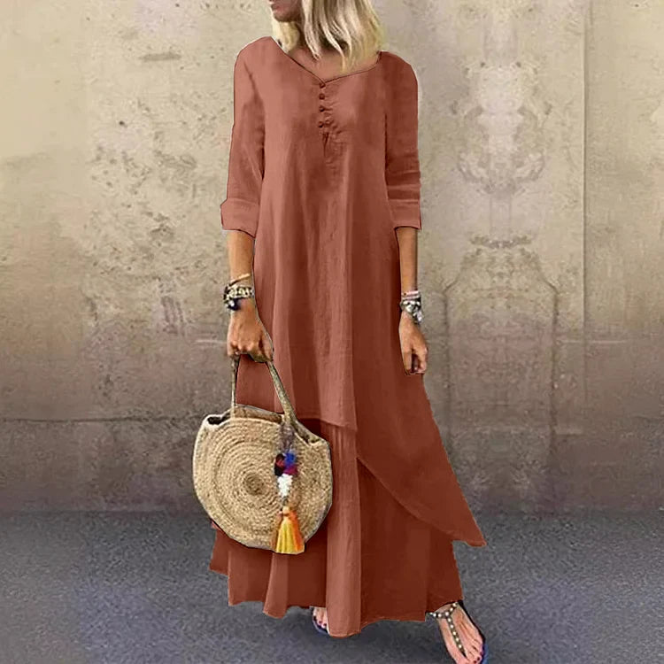 Women’s Midi Dress – Relaxed Fit – Natural Fibers – V-Neck – Layered Asymmetrical Hem