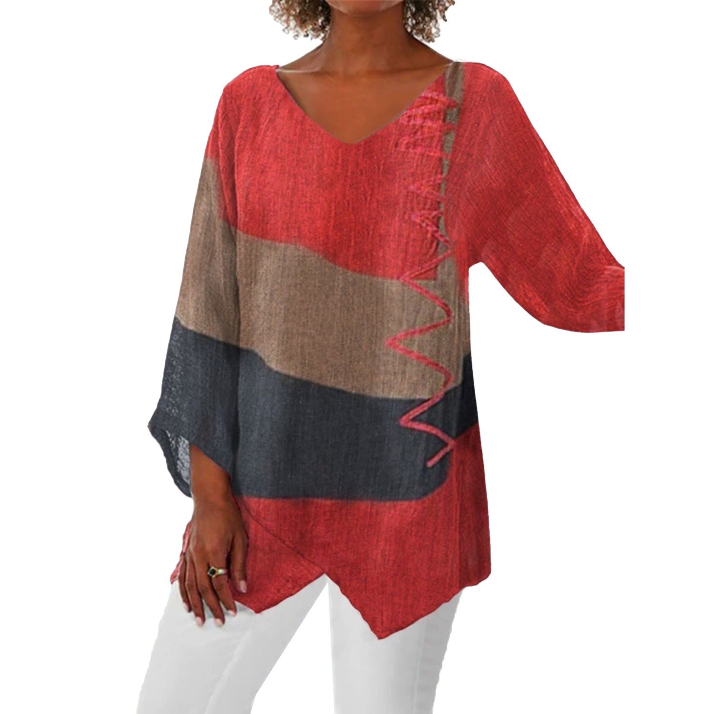 Women’s Tunic Top – Relaxed Fit – V-Neck – Cotton Blend – Asymmetric Hem – 3/4 Sleeve