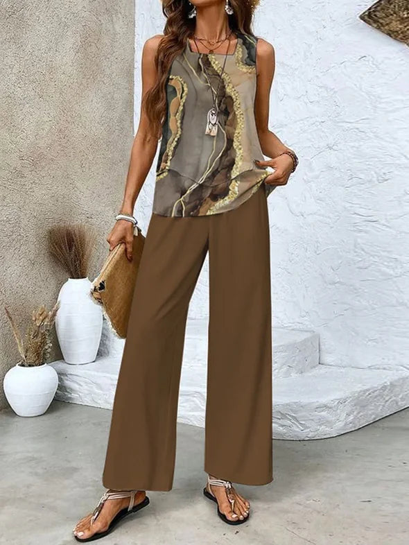 Women’s Two Piece Set – Sleeveless Abstract Top – Wide Leg Relaxed Fit Pants – Breathable Blend