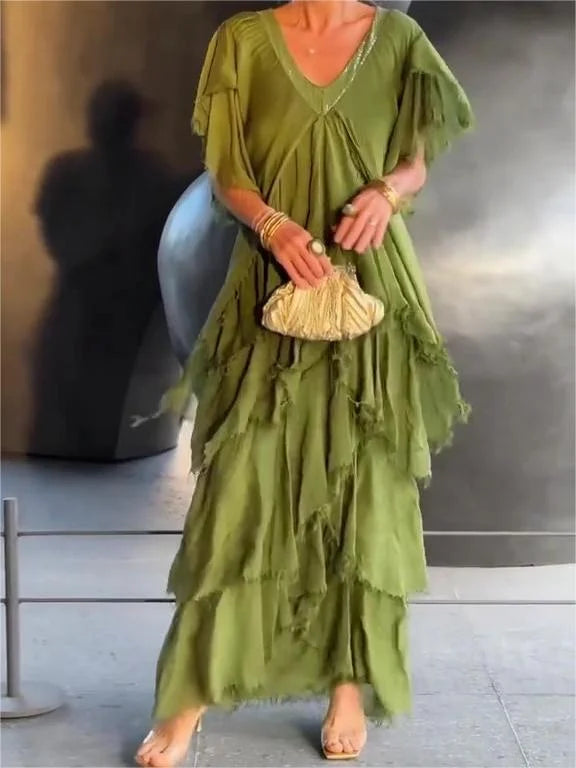 Women's Maxi Dress - Tiered Flowing Design - V-Neck Embellished - Short Flutter Sleeves