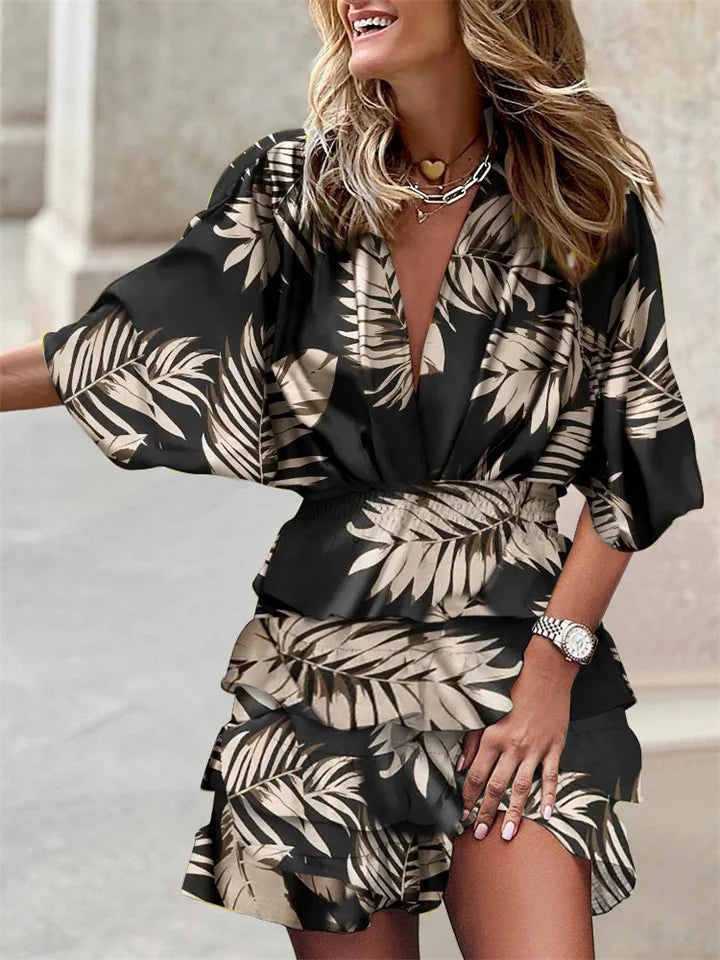 Women's Floral Dress - Short Flowy Design - Deep V-Neck - Ruffled Skirt - Relaxed Fit