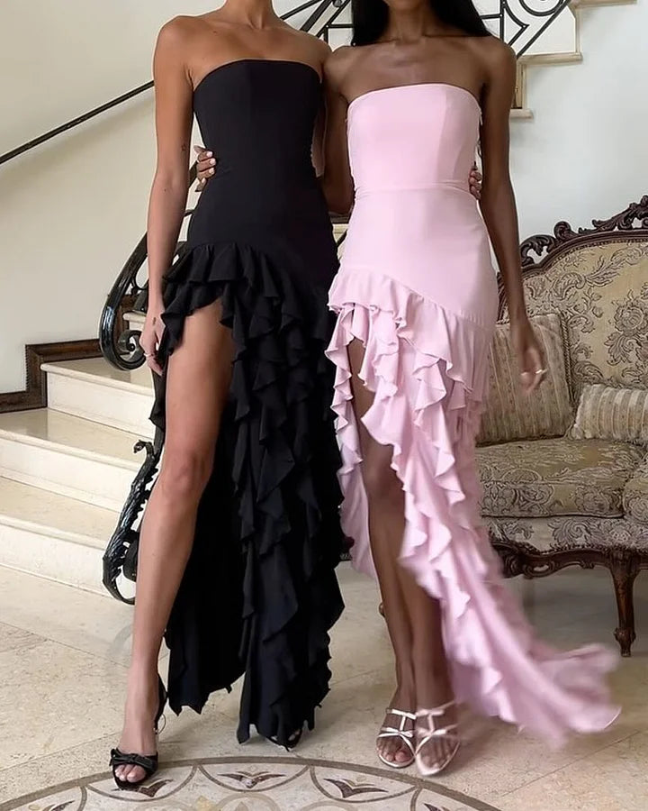 Women's Strapless Evening Dress - High-Low Ruffle Hem - Elegant Formal Wear
