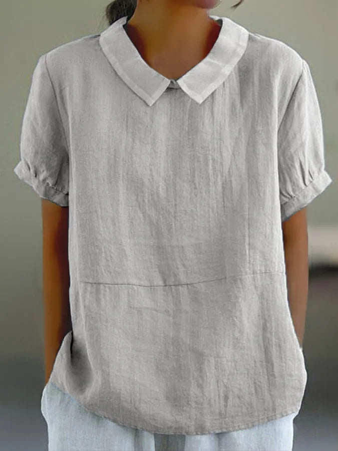 Women's Blouse - Linen Cotton Blend - Loose Fit - Short Sleeve Peter Pan Collar