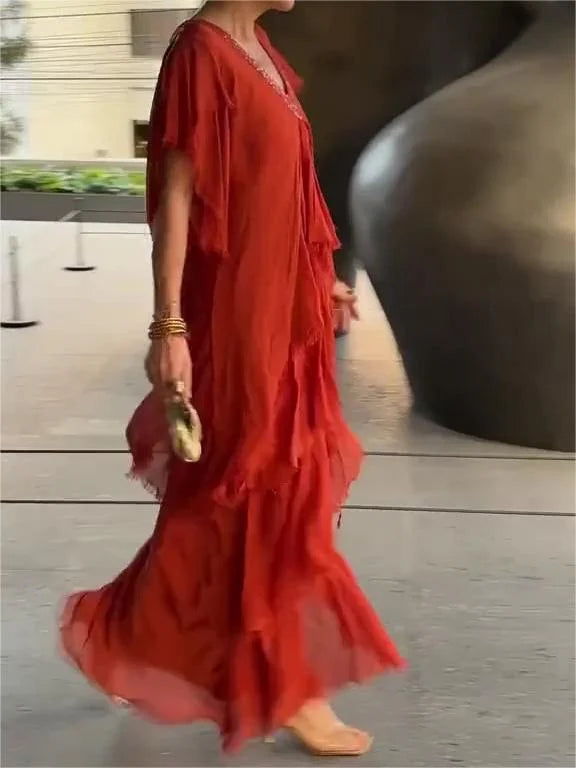 Women's Maxi Dress - Tiered Flowing Design - V-Neck Embellished - Short Flutter Sleeves