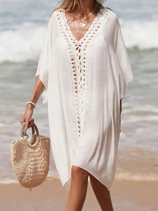 Women's Beach Cover-Up - Lightweight Sheer Fabric - Crochet Detail - V-Neck Loose Fit