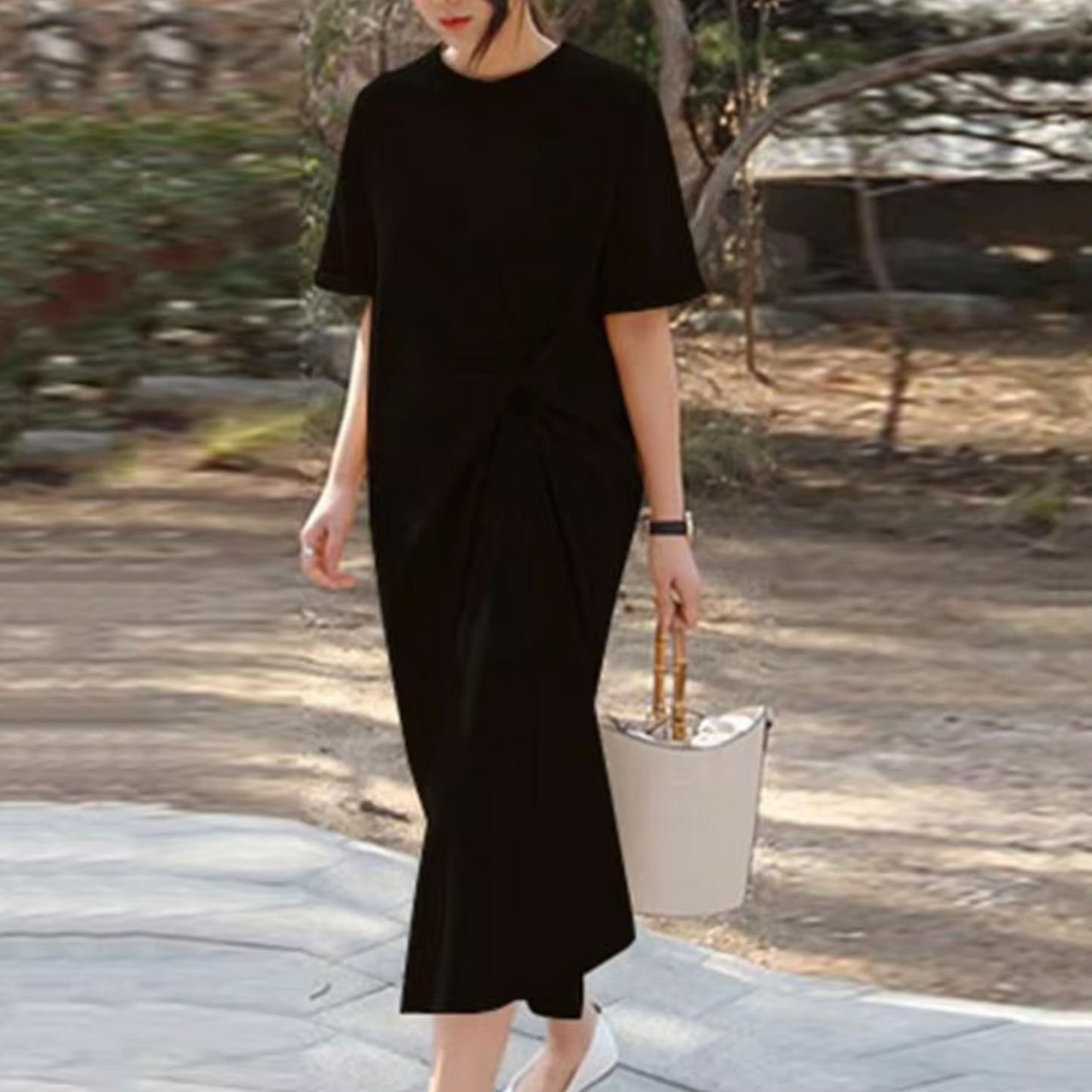 Women's Midi Dress - Short Sleeve - Round Neck - Side Pleated Detail - Relaxed Fit