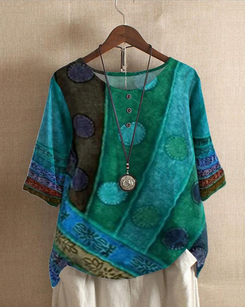 Women’s Boho Top – Relaxed Fit – Natural Fiber – Button Front – 3/4 Sleeve Casual Wear