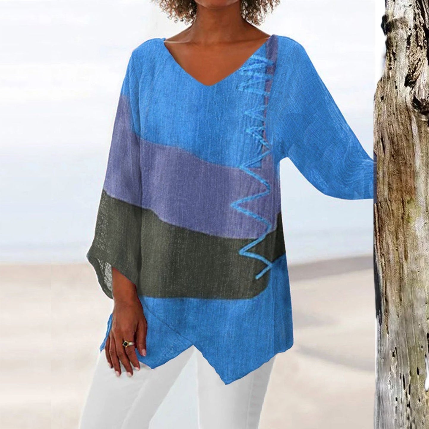 Women’s Tunic Top – Relaxed Fit – V-Neck – Cotton Blend – Asymmetric Hem – 3/4 Sleeve