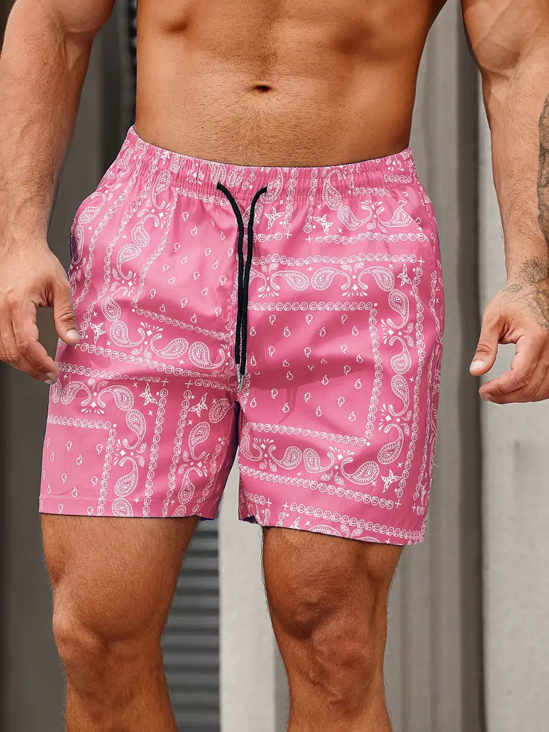 Men’s Swim Shorts – Quick Dry – Bandana Print – Mid-Thigh – Relaxed Fit