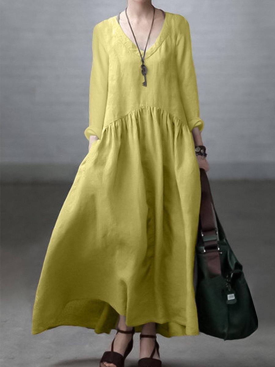 Women’s Maxi Dress – Natural Fibers – Relaxed Fit – V-Neck – Long Sleeve Flowing Style