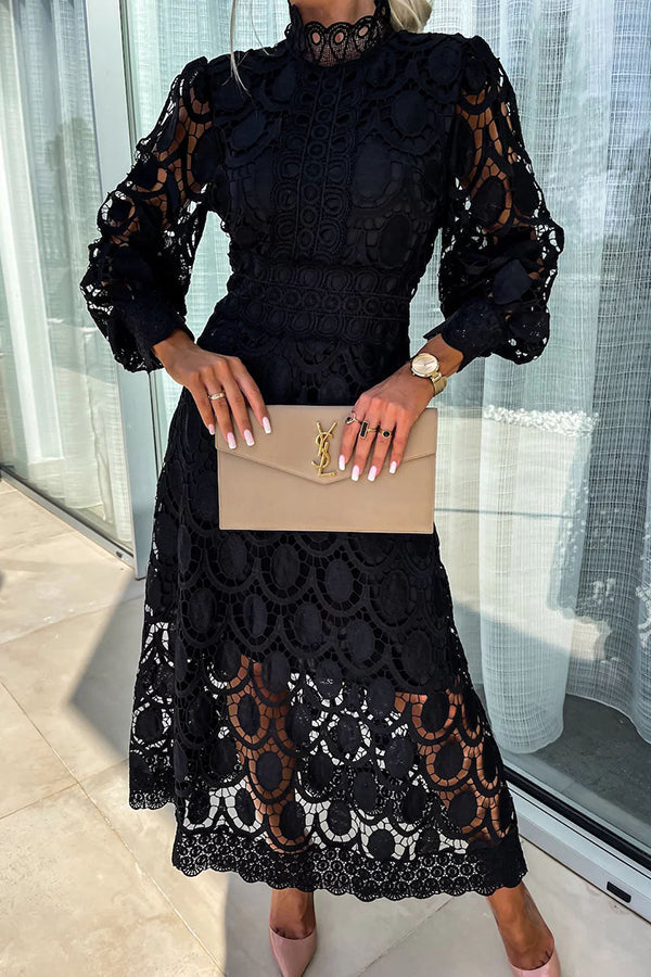 Women's Lace Midi Dress - High Neck - Long Puff Sleeve - Elegant Formal Wear