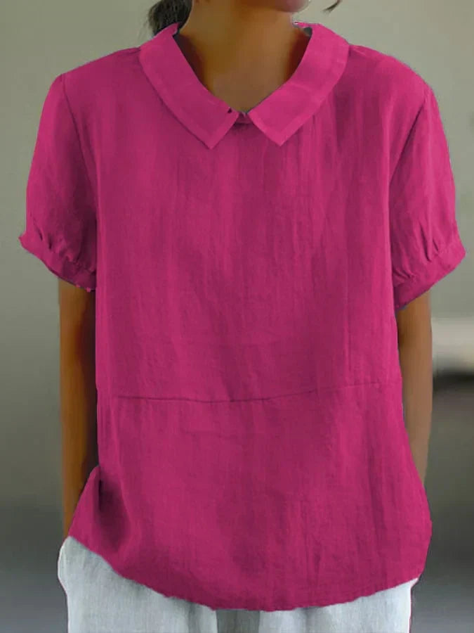 Women's Blouse - Linen Cotton Blend - Loose Fit - Short Sleeve Peter Pan Collar