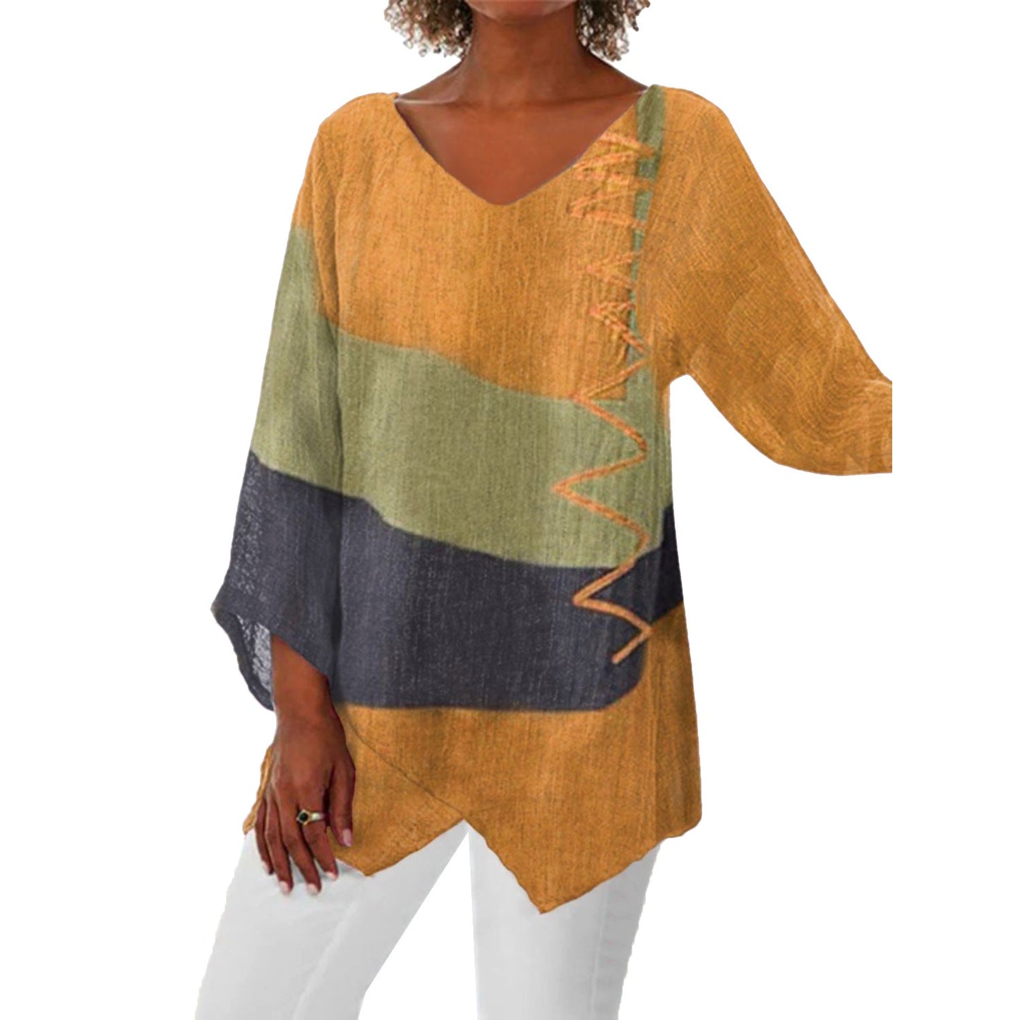 Women’s Tunic Top – Relaxed Fit – V-Neck – Cotton Blend – Asymmetric Hem – 3/4 Sleeve
