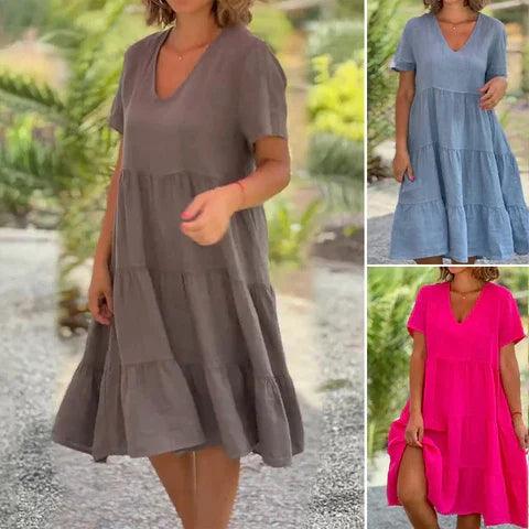 Women's Midi Dress - Tiered Design - V-Neck - Short Sleeves - Loose Fit Breathable