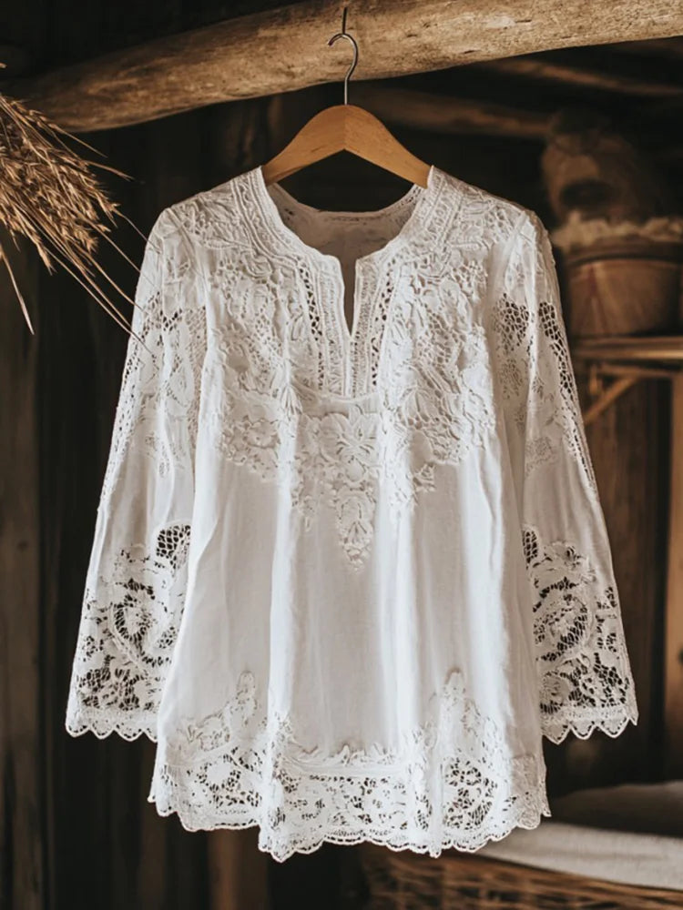 Women’s V-Neck Shirt – Relaxed Fit – Lace Embroidery – Long Sleeve – Cotton Blend