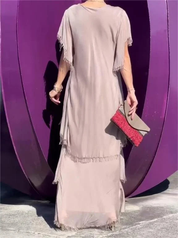 Women's Maxi Dress - Tiered Flowing Design - V-Neck Embellished - Short Flutter Sleeves