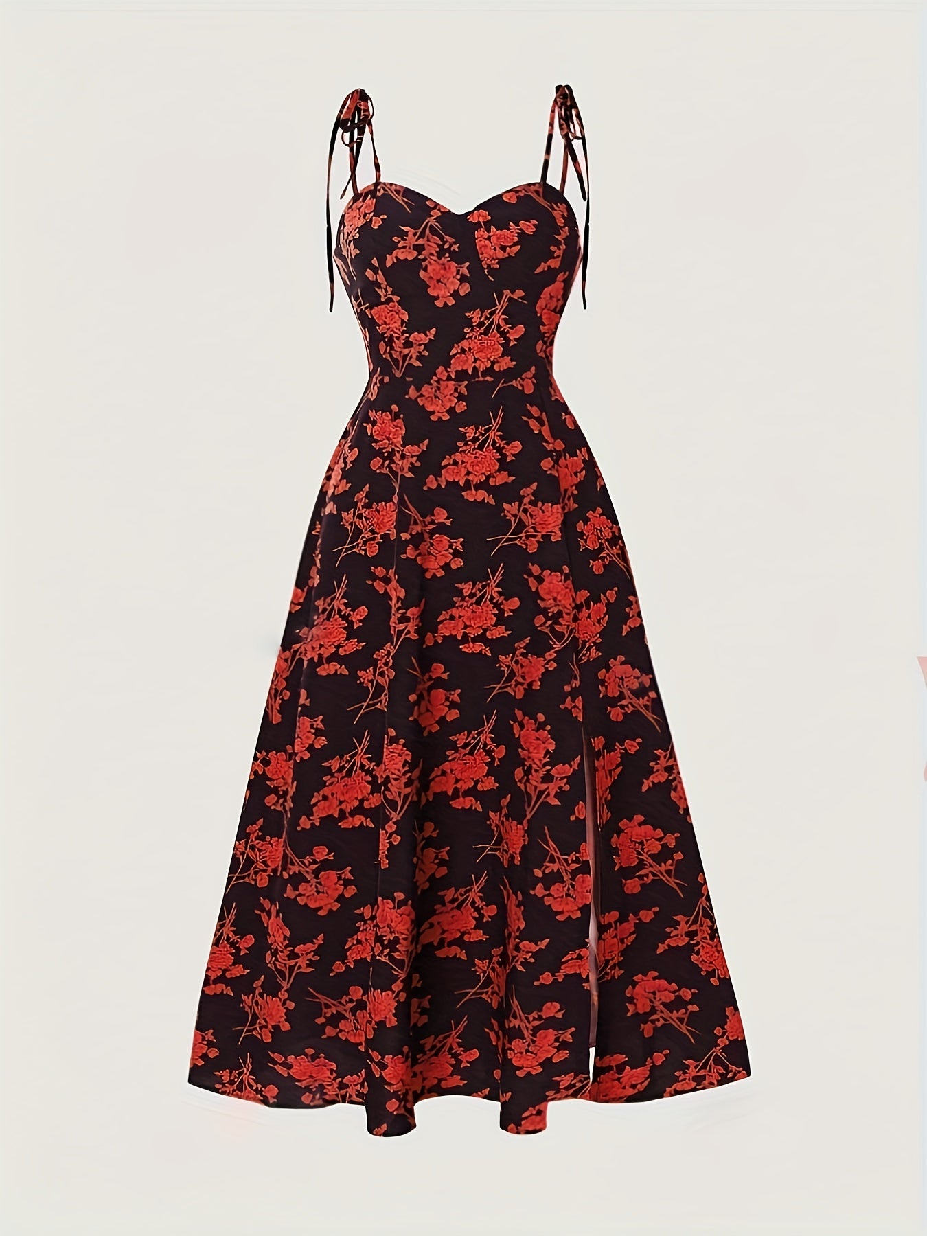 Women's Midi Dress - A-Line Fit - Ruched Bodice - Tie Strap Sleeveless - Floral Print