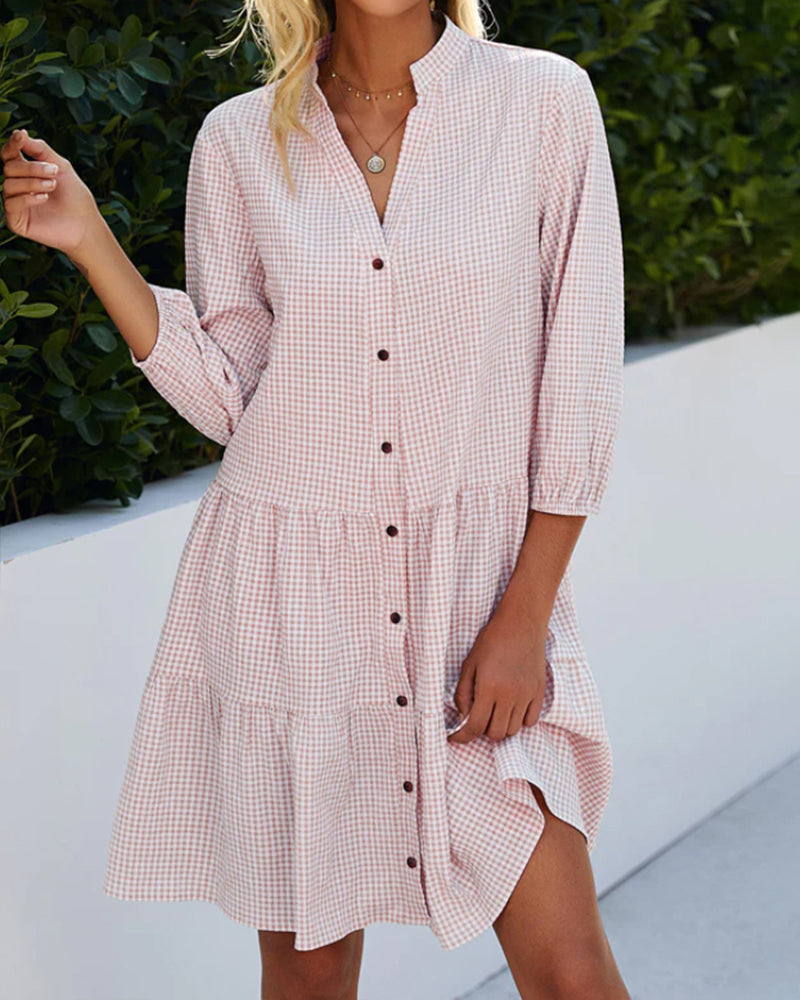Women’s A-Line Dress – Natural Fibers – Checked Pattern – Tiered Hem – 3/4 Sleeve