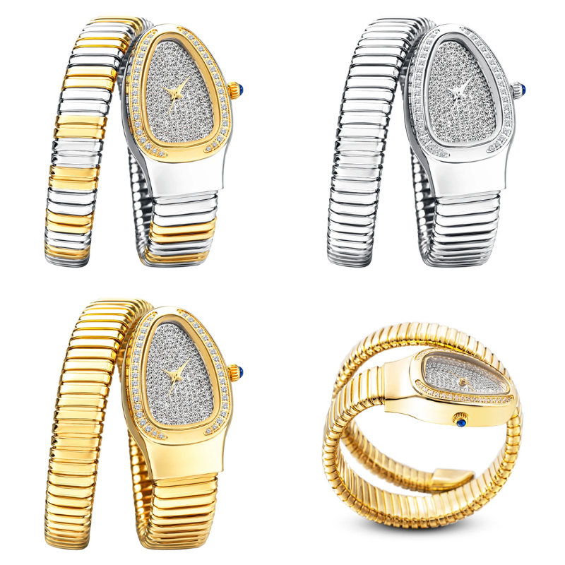Lily Oval Pave Bracelet Wrist Watch | Stone Embellished Bezel Snake Coil Band Wrist Watch