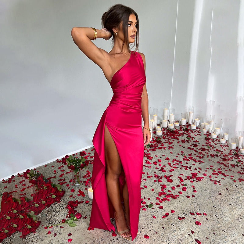 Women's Evening Gown - One-Shoulder Satin - High Slit Elegant Formal Dress
