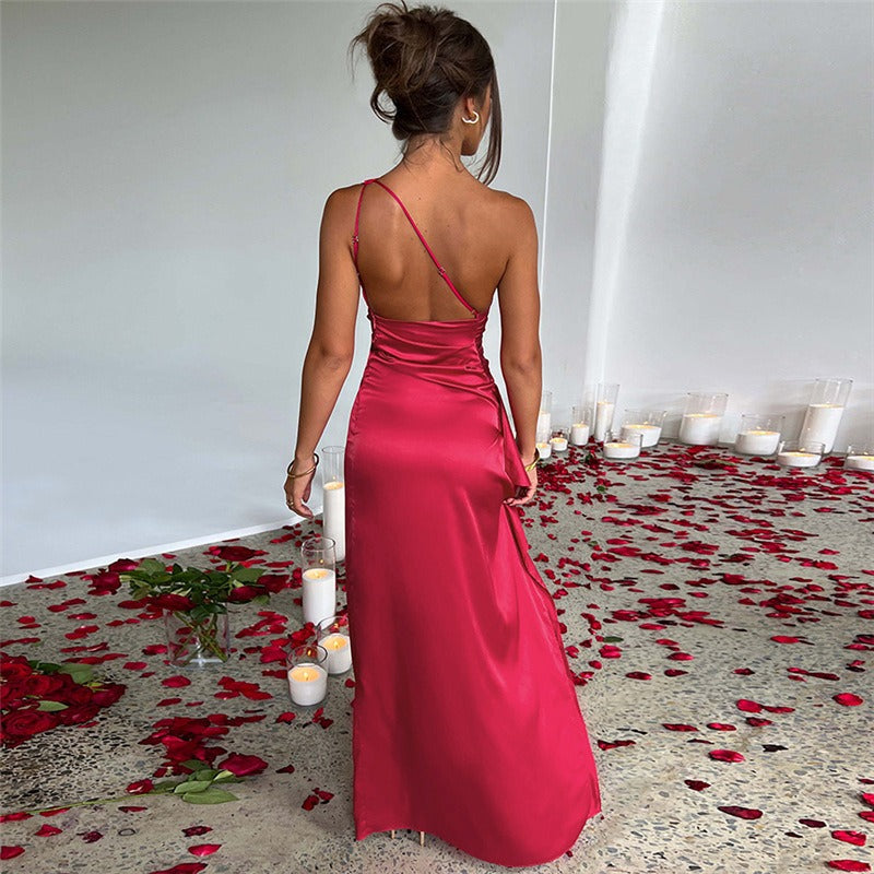 Women's Evening Gown - One-Shoulder Satin - High Slit Elegant Formal Dress