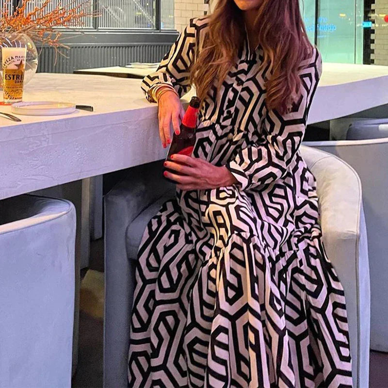Women’s Midi Dress – Relaxed Fit – Tiered Silhouette – Geometric Print – Cotton Feel