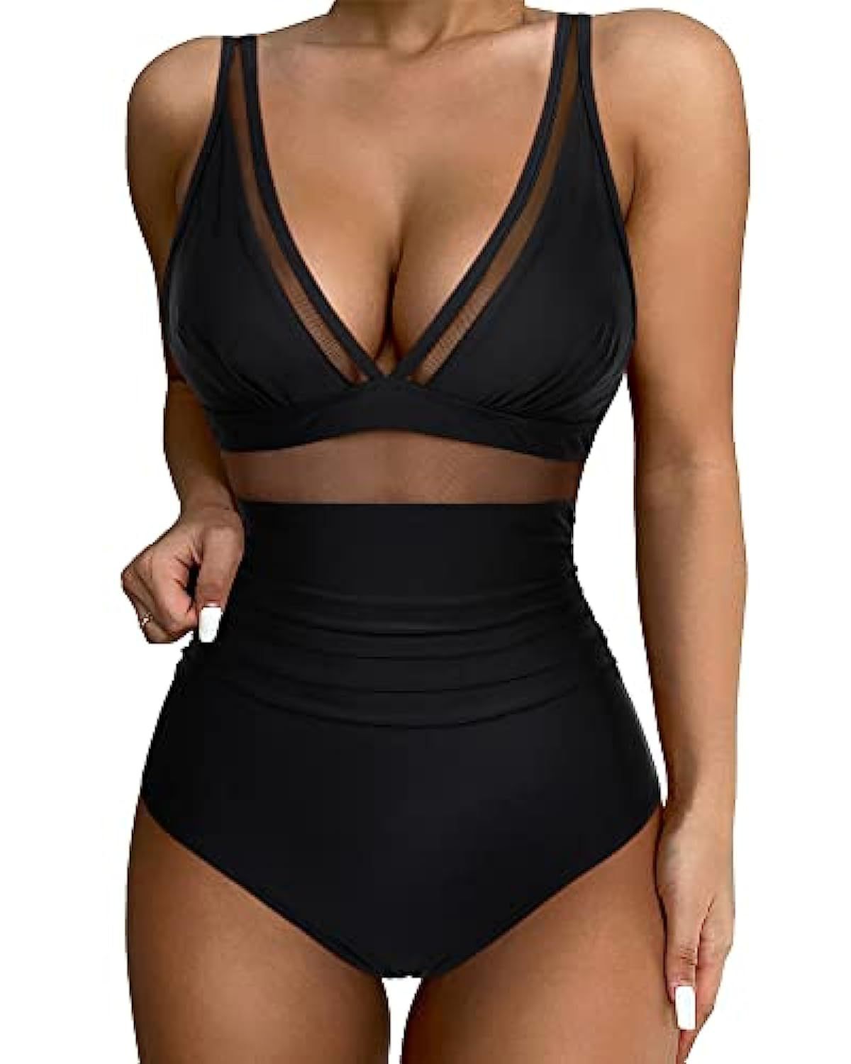 Women’s Swimsuit – Plunging Neckline – Mesh Panels – High-Cut Leg – Breathable Blend