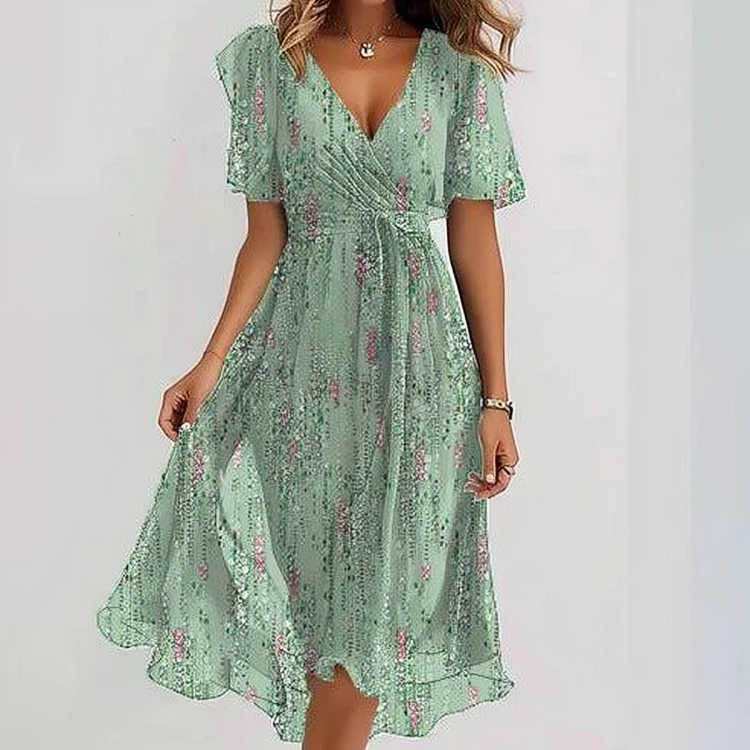 Women's Midi Dress - Wrap V-Neck - Flutter Sleeves - Flowy Lightweight Elegance