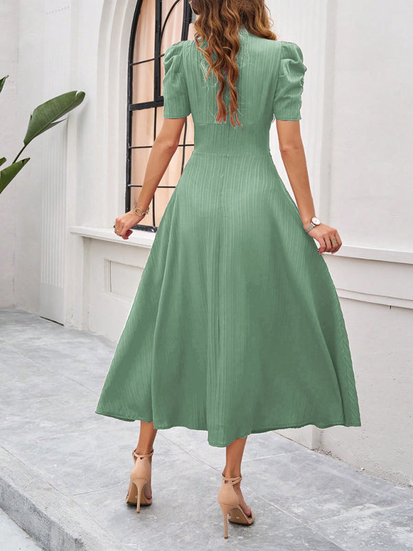 Women’s Midi Dress – V-Neck – Puff Sleeve – Fitted Waist – A-Line Flowing Fit
