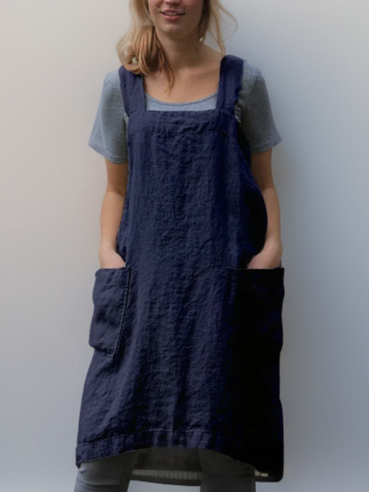 Women’s Apron Dress – Relaxed Fit – Cotton Linen – Square Neck – Knee Length Pockets