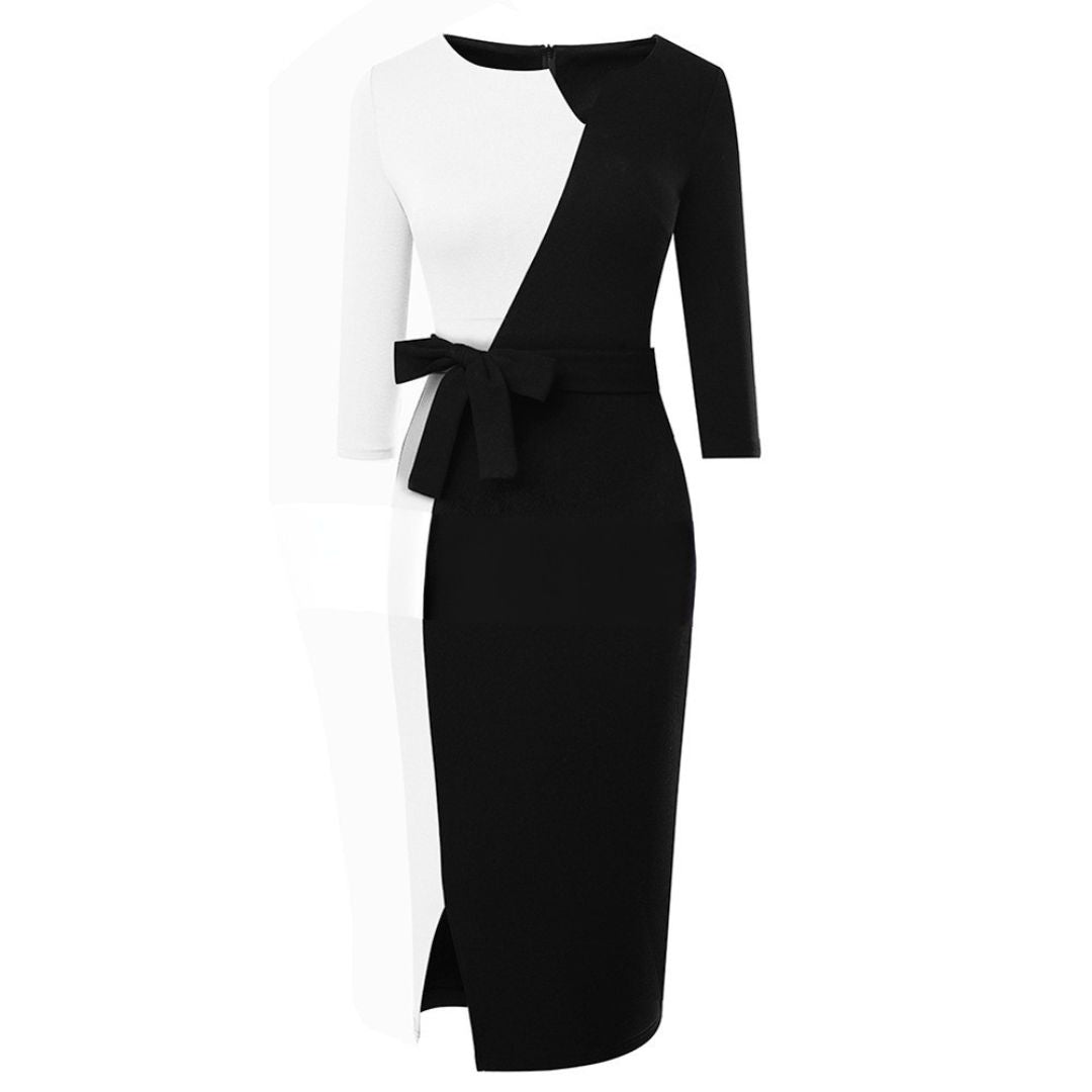 Women's Bodycon Dress - Paneled Design - Three-Quarter Sleeve - Knee-Length - Waist Belt