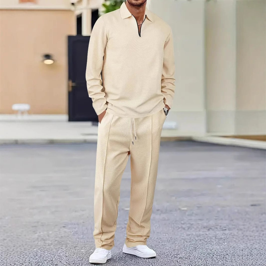 Men’s Sport Set – Slim Fit Knit – Quarter-Zip Polo Top – Tapered Ankle Pants