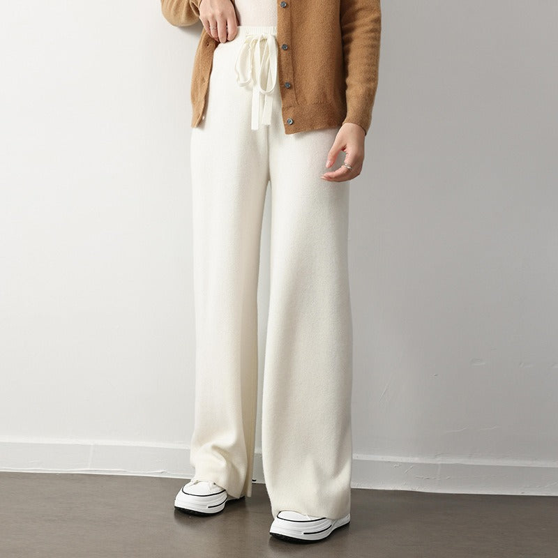 Women’s Knit Pants – Relaxed Fit – Ribbed Texture – Drawstring Waist – Wide Leg