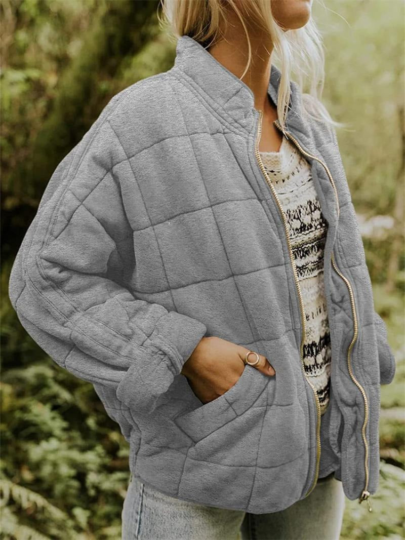 Women’s Quilted Jacket – Relaxed Fit – High Collar – Layer with Pockets