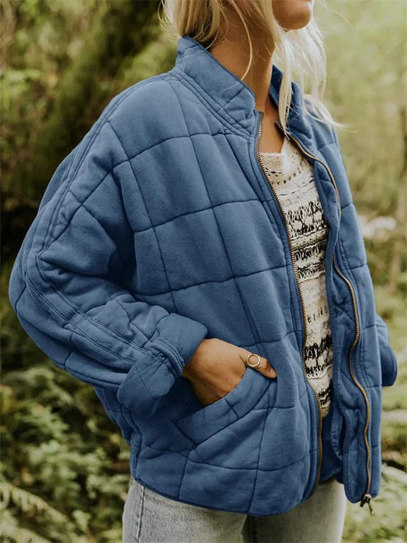 Women’s Quilted Jacket – Relaxed Fit – High Collar – Layer with Pockets