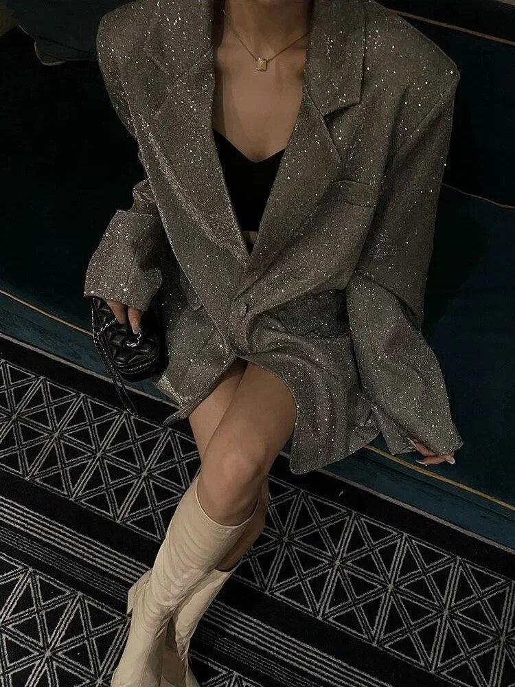 Women’s Blazer – Oversized Fit – Glitter Woven – Structured Shoulders