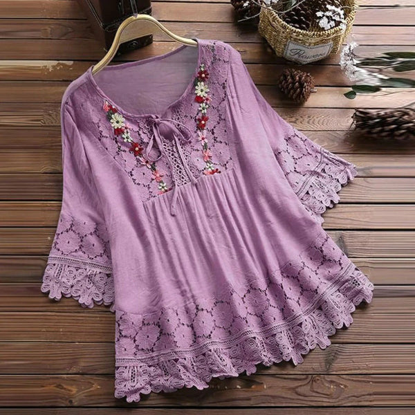 Women’s Tunic Top – Flowy Fit – Cotton Blend – Lace Trim – Embroidered Neckline – 3/4 Sleeve