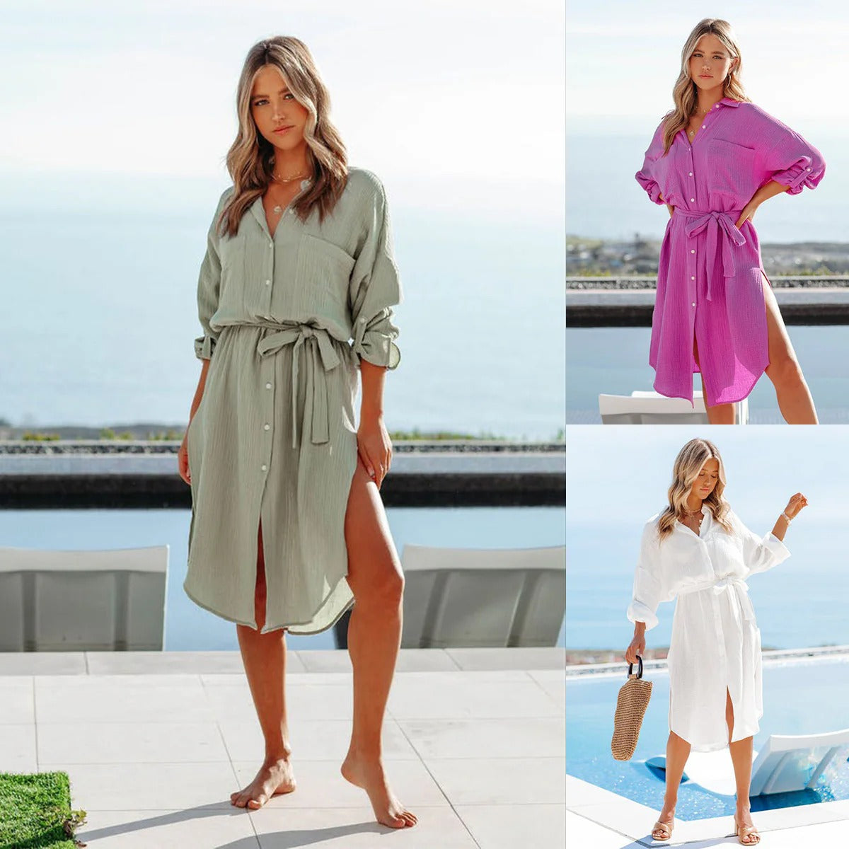Women’s Kaftan Blouse Dress – Relaxed Fit – Cotton – Button Front – Tie Waist – Midi Length